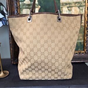 Gucci GG Canvas Monogram Tote with Silver Hardware and Brown Trim